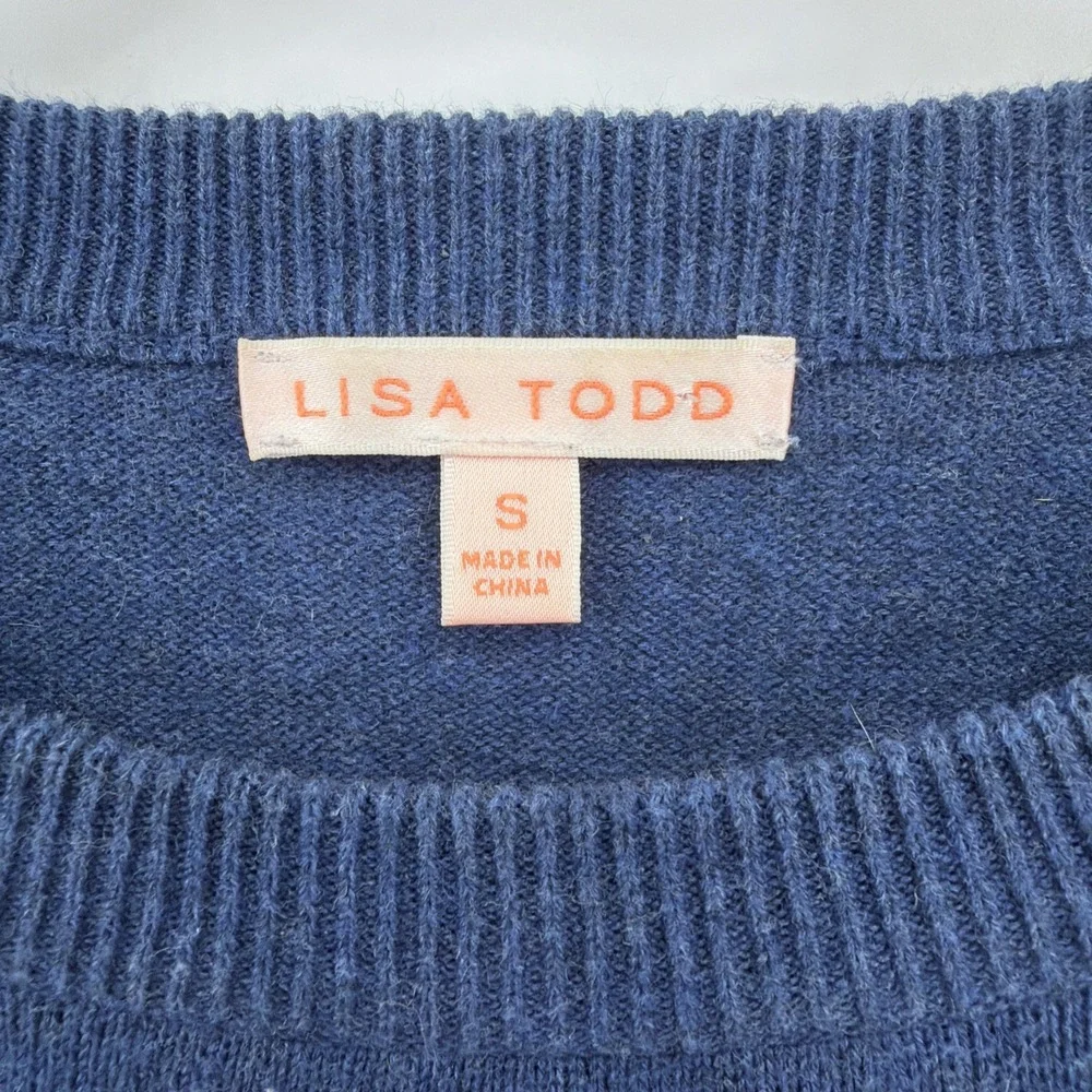 Lisa Todd Navy Pink Star Colorful Sz S Point Taken Knit Cotton Sweater Intarsia